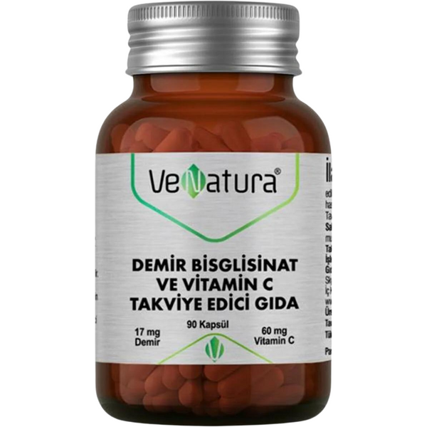 حديد باي جلايسينيت كليتد 17 ملغم مع فيتامين سي 90 كبسولة (منتج تركي) Venatura Iron Bisglycinate and Vitamin C (Best Before 01-10-2026)