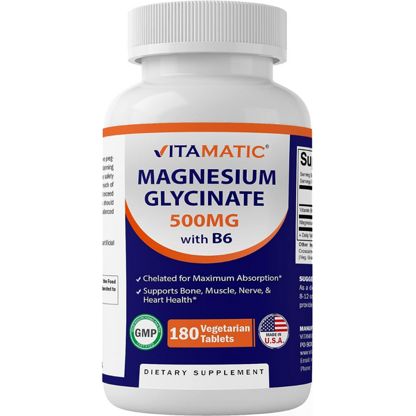 مغنسيوم جلايسينيت كليتد 150 ملغم مع ب6 لزيادة الامتصاص 180 قرص Vitamatic Magnesium Glycinate Chelated + B6 Non-GMO (Best Before 01-11-2026)