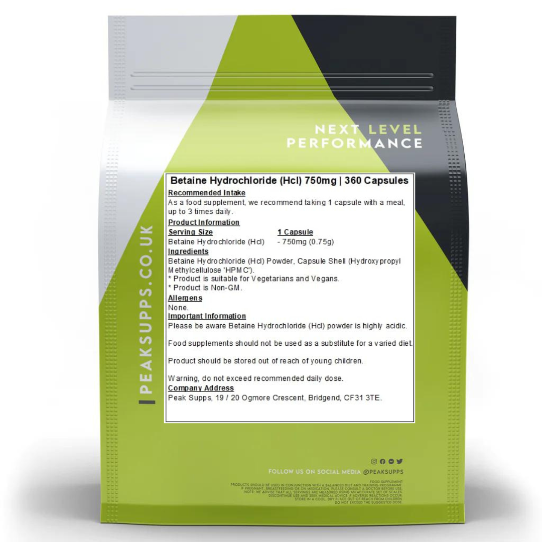 دعم حمض المعدة 750 ملغم 360 كبسولة Peak Supps Betaine Hydrochloride (HCL) (Best Before 31-07-2027)