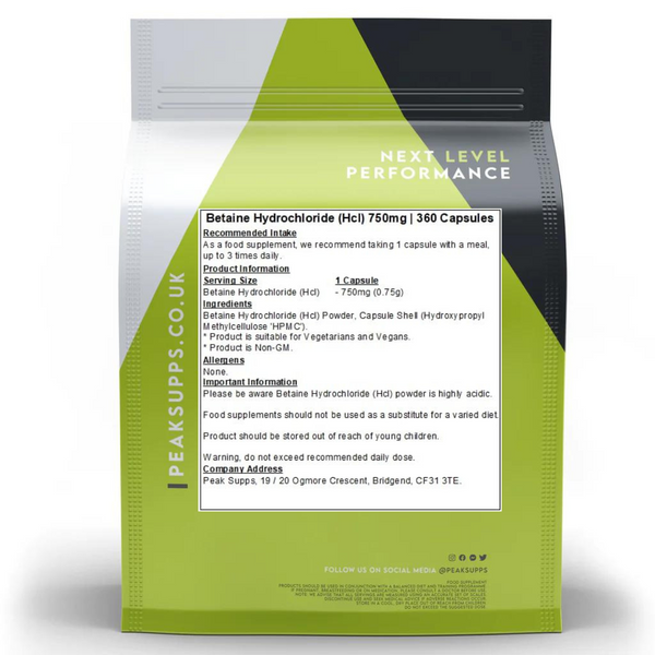 دعم حمض المعدة 750 ملغم 360 كبسولة Peak Supps Betaine Hydrochloride (HCL) (Best Before 31-07-2027)