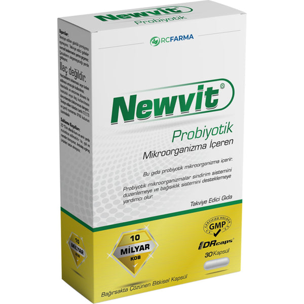 بروبيوتك (بكتيريا نافعة) 10 مليار 14 سلالة مع بريبيوتك (غذاء البكتيريا النافعة) 400 ملغم 30 كبسولة (منتج تركي) Newvit Probiotic (Best Before 01-09-2026)