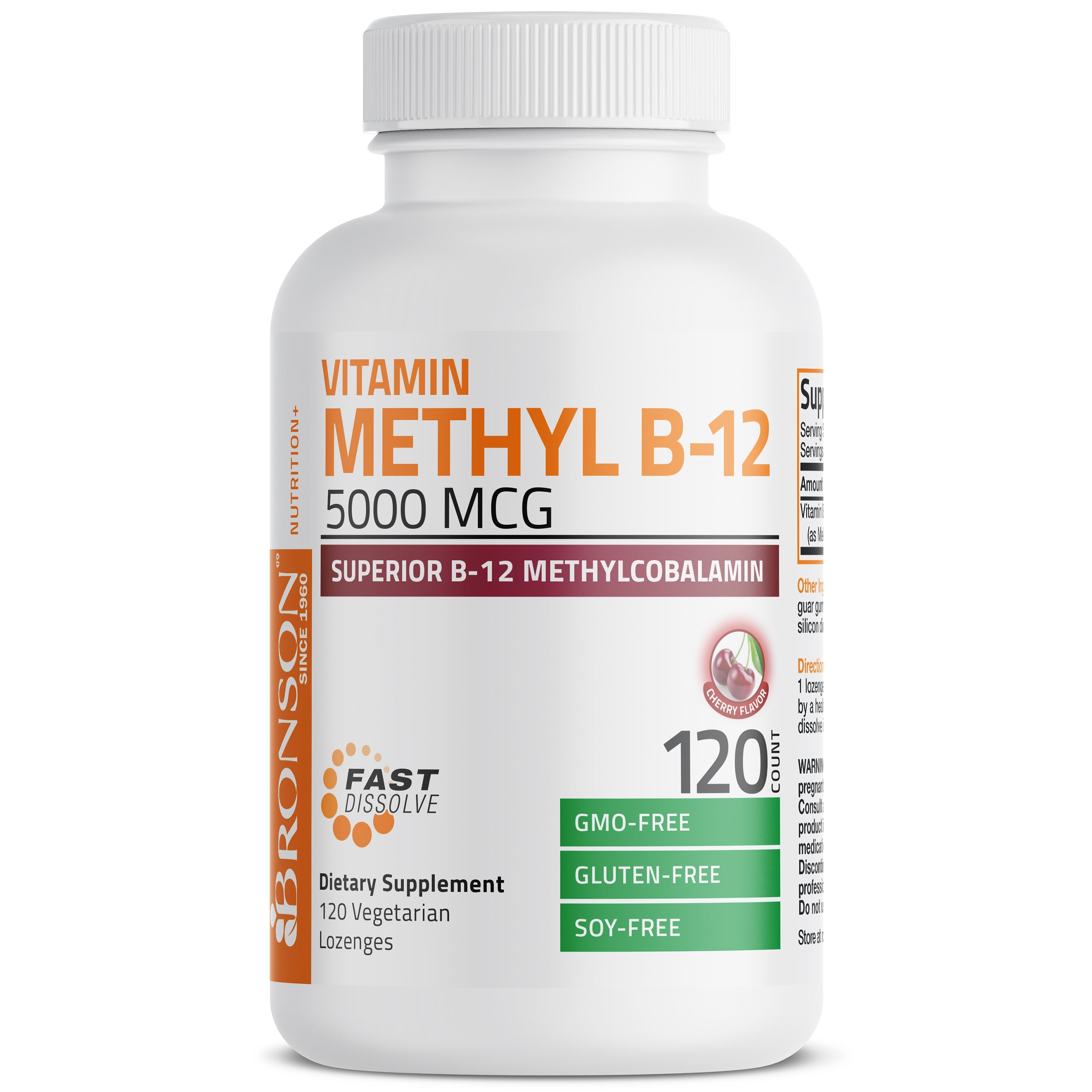 فيتامين ب12 طبيعي ميثيل كوبالامين سريع الذوبان نكهة الكرز 5000 مكجم 120 حبة تحت اللسان Bronson Methyl B12 Fast Dissolve Sublingual - Cherry Non-GMO (Copy) (Best Before 01-07-2027)
