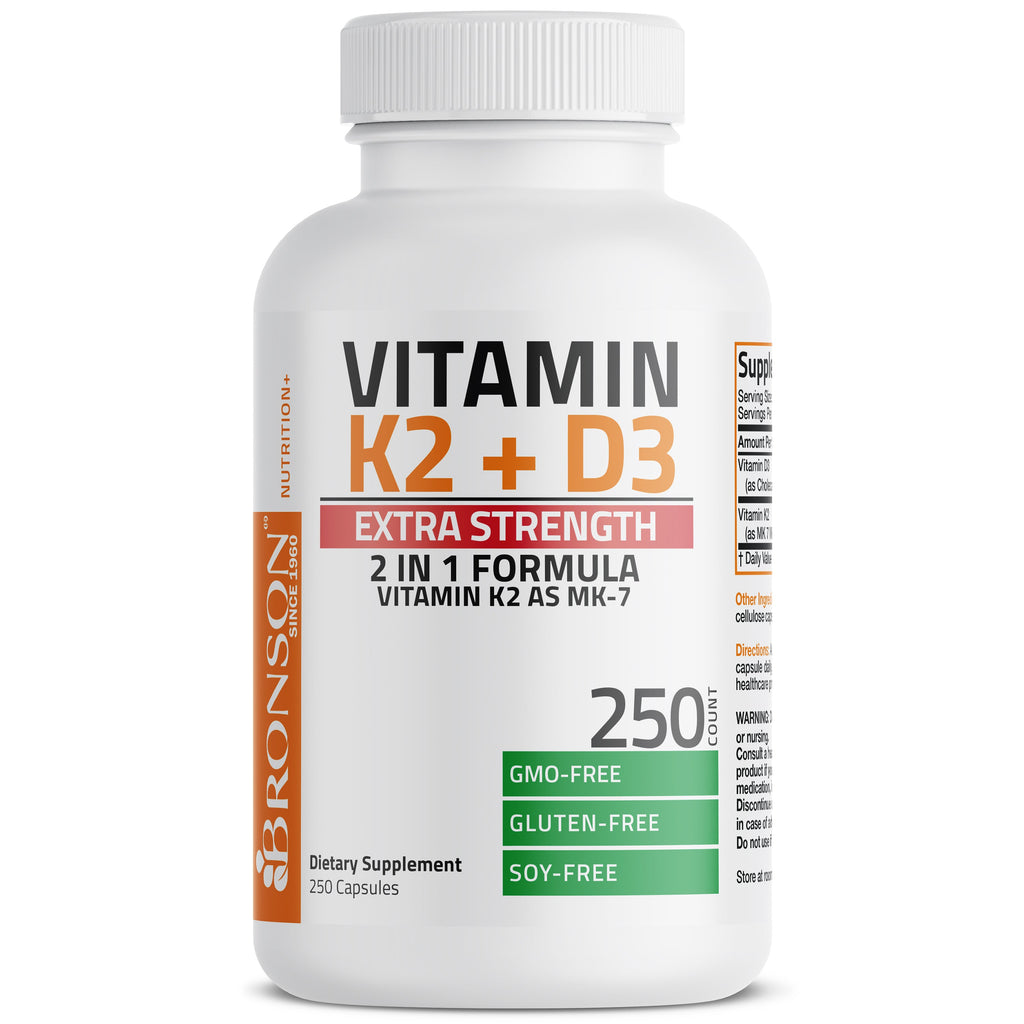 فيتامين د3 + ك2 10000 وحدة مع ك2 120 مكجم 250 كبسولة Bronson Vitamin K2 (MK7) with D3 Extra Strength (Best Before 01-02-2027)