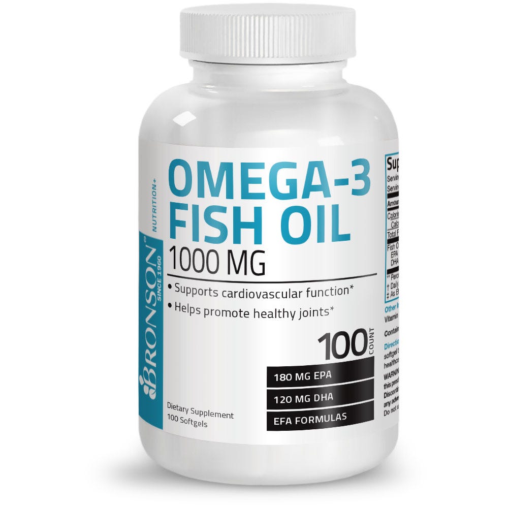 أوميجا 3 زيت السمك 1000 ملجم 100 حبة Bronson Omega-3 Fish Oil EPA 180 / DHA 120 Non-GMO (Best Before 01-02-2028)