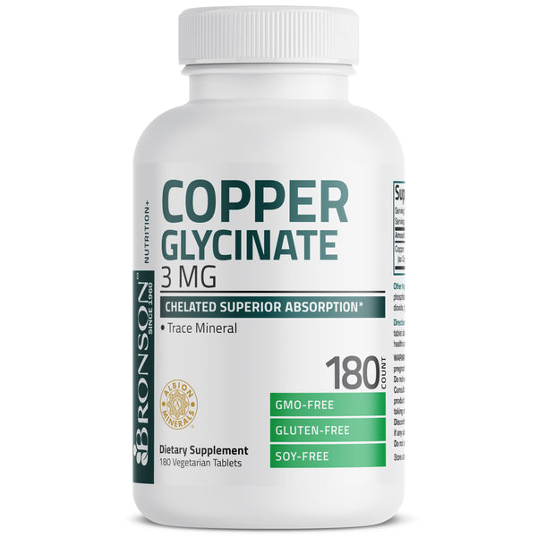 نحاس جلايسينات كليتد 3 ملجم 180 قرص Bronson Copper Glycinate Non-GMO (Best Before 01-08-2026)