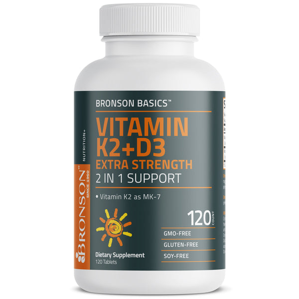 فيتامين د3 10000 وحدة مع ك2 120 مكجم 120 قرص Bronson Vitamin D3 with Vitamin K2 (MK7) Extra Strength Non-GMO (Best Before 01-06-2027)
