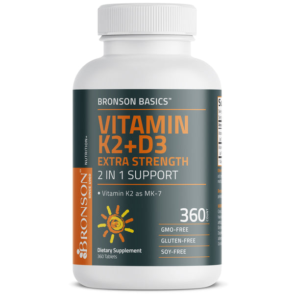 فيتامين د3 10000 وحدة مع ك2 120 مكجم 360 قرص Bronson Vitamin D3 with Vitamin K2 (MK7) Extra Strength Non-GMO (Best Before 01-10-2027)