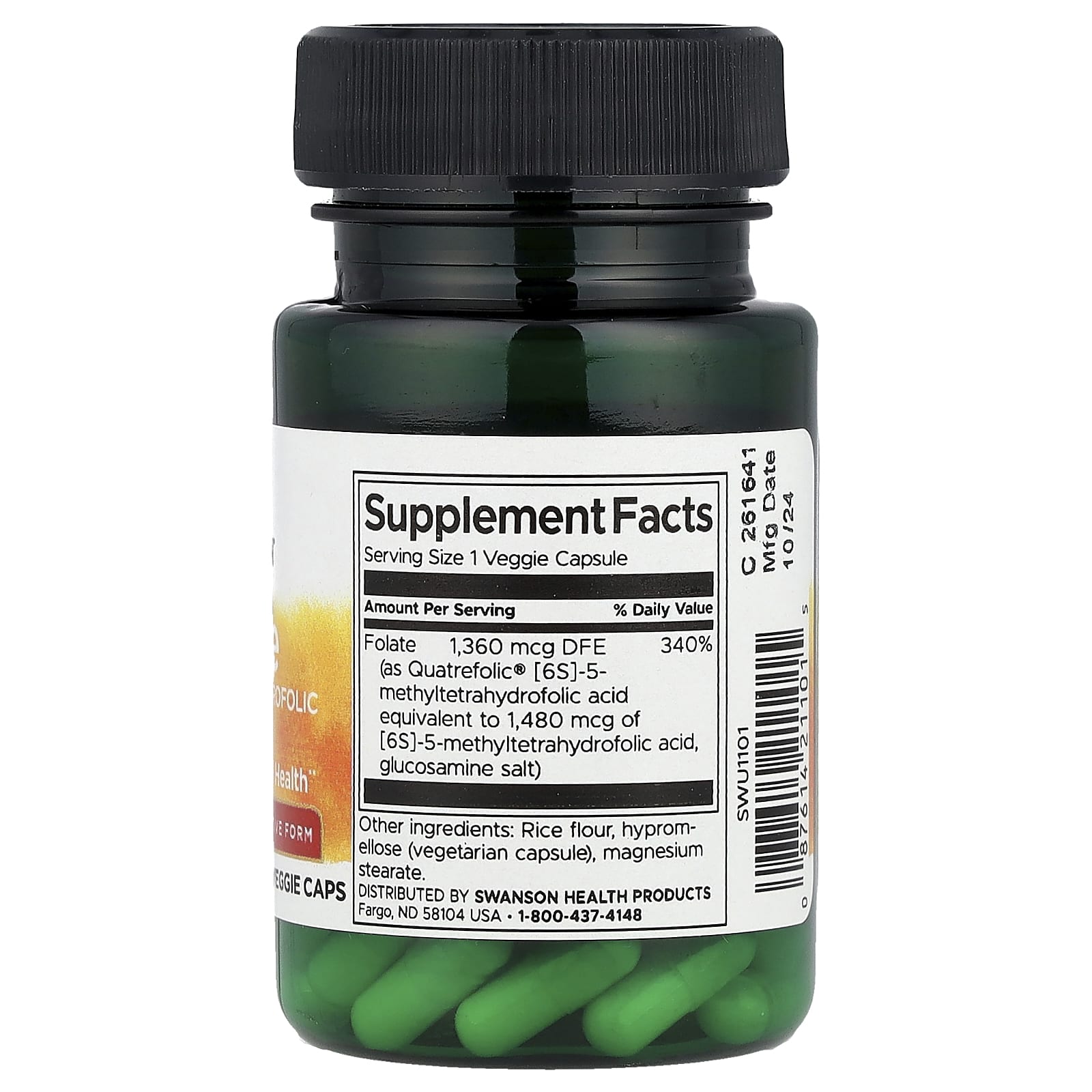 حمض الفوليك مثيل (ب9) طبيعي 800 ميكرو 30 كبسولة Swanson Folate 5-Methyltetrahydrofolic Acid (B9) - Bioactive Form (Best Before 01-10-2026)