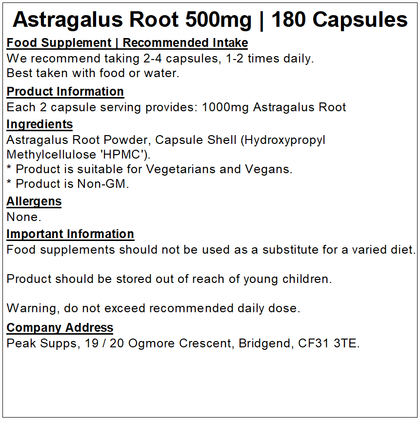 استراجالوس 500 ملجم 180 كبسولة Peak Supps Astragalus Root (Best Before 31-05-2027)