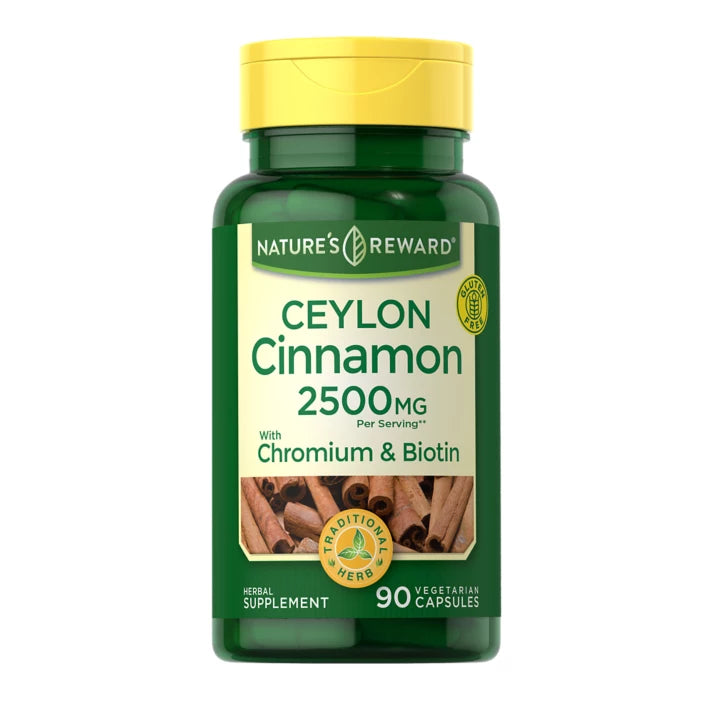 خلاصة قرفة سيلانية تعادل 750 ملجم مع الكروميوم 200 مكجم وبيوتين 500 مكجم 90 كبسولة Nature's Reward Ceylon Cinnamon plus Chromium & Biotin