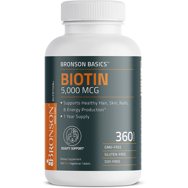 بيوتين (فيتامين ب7) 5،000 مكجم 360 قرص Bronson Biotin (Vitamin B7) (Best Before 01-07-2026)