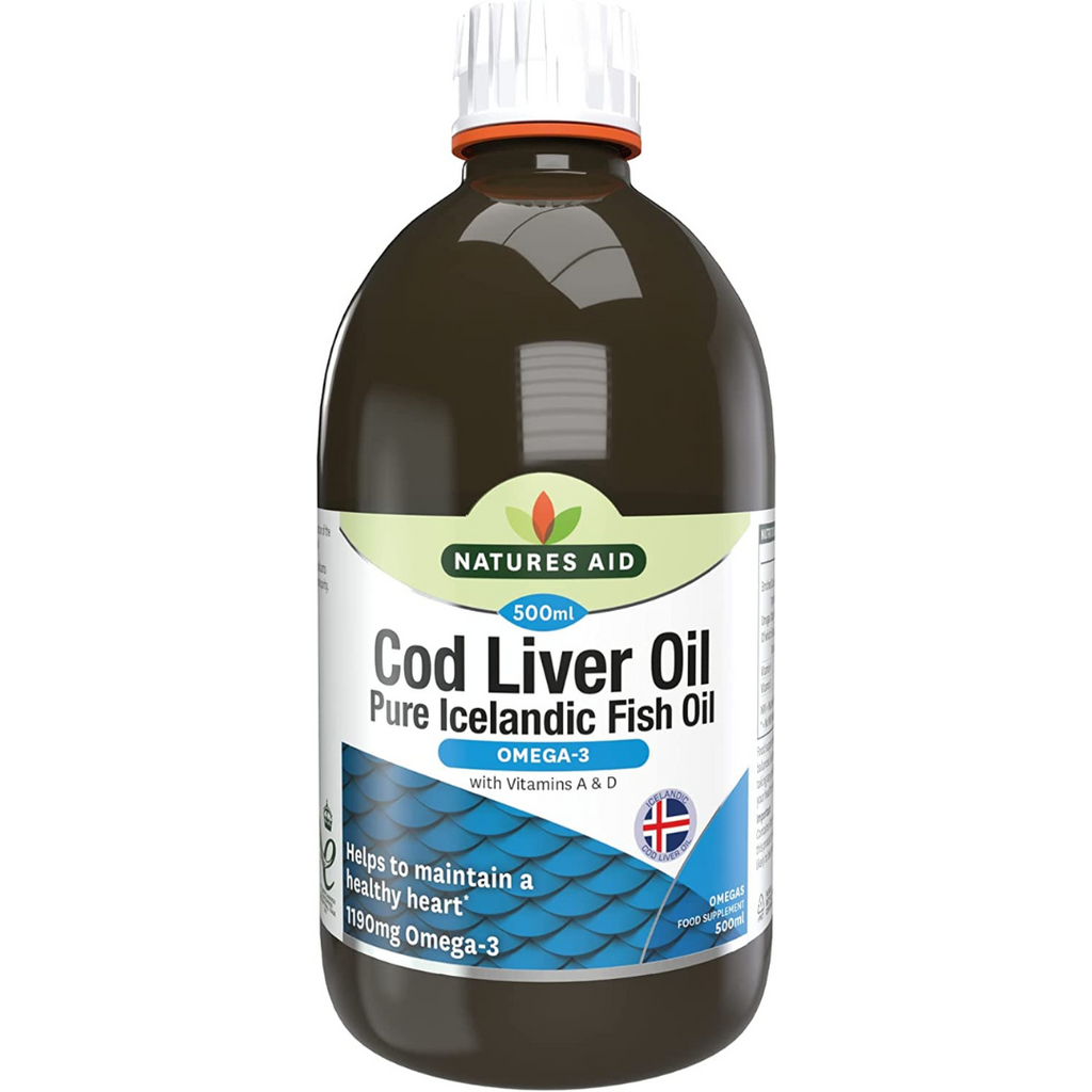 زيت كبد الحوت سائل غني بالأوميغا 3 + فيتامينات أ و د 500 مل Natures Aid Cod Liver Oil Liquid With Vitamin A & D Rich in Omega 3 EPA 367 & DHA 413 (Best Before 01-08-2026)