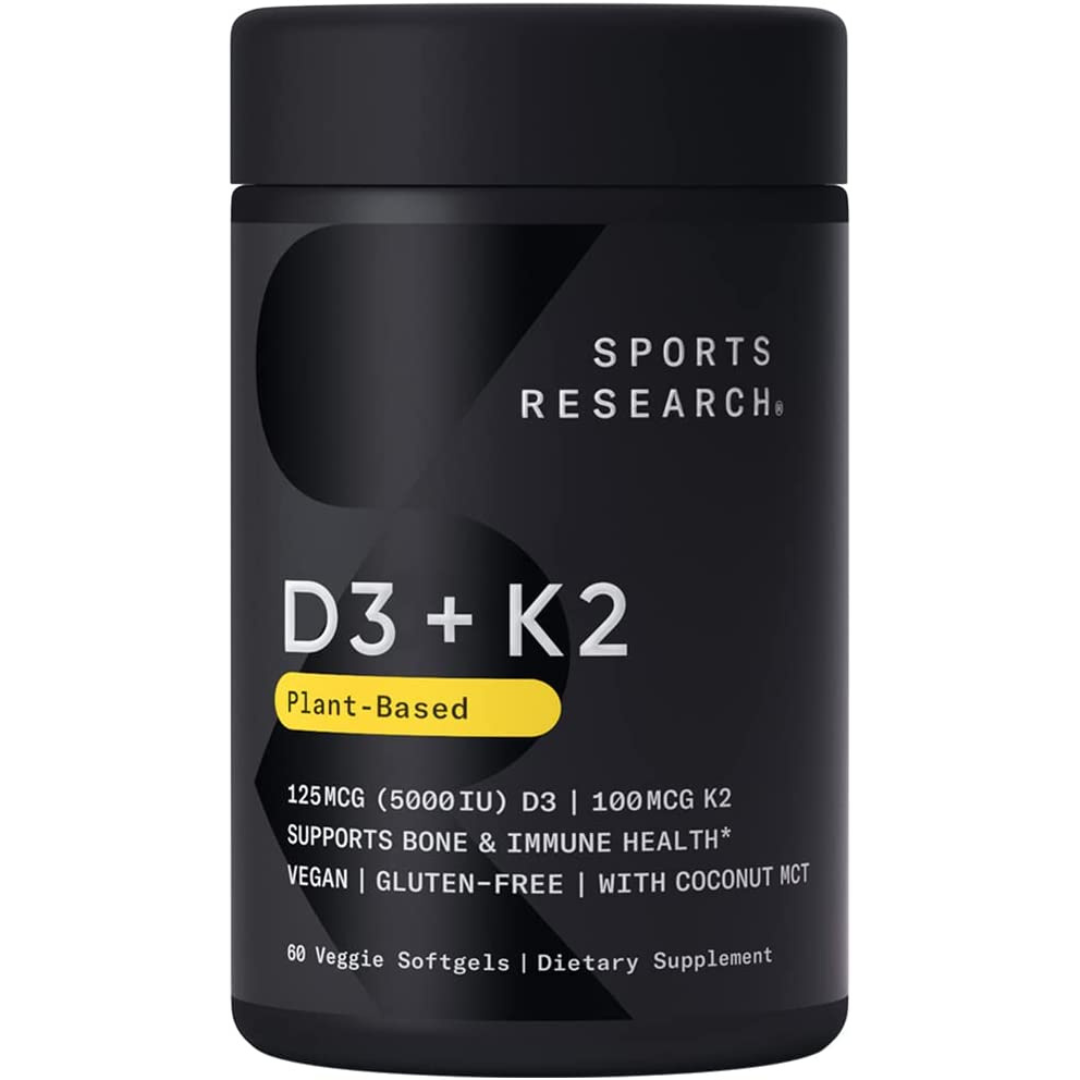 فيتامين د3 5000 وحدة مع ك2  100 ميكرو نباتي مع زيت جوز الهند 60 كبسولة Sports Research Vitamin D3+K2 MK7 with Coconut Oil (Best Before 01-02-2027)