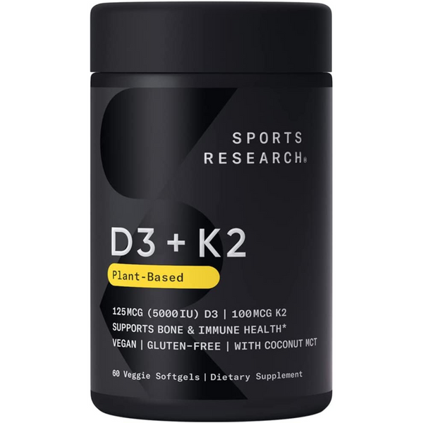 فيتامين د3 5000 وحدة مع ك2  100 ميكرو نباتي مع زيت جوز الهند 60 كبسولة Sports Research Vitamin D3+K2 MK7 with Coconut Oil (Best Before 01-01-2028)