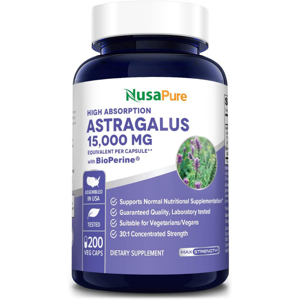 خلاصة استراجالوس بالقوة القصوى يعادل 15,000 ملغم مع زيادة الامتصاص 200 كبسولة NusaPure Astragalus Extract (Non-GMO) (Best Before 01-07-2028)