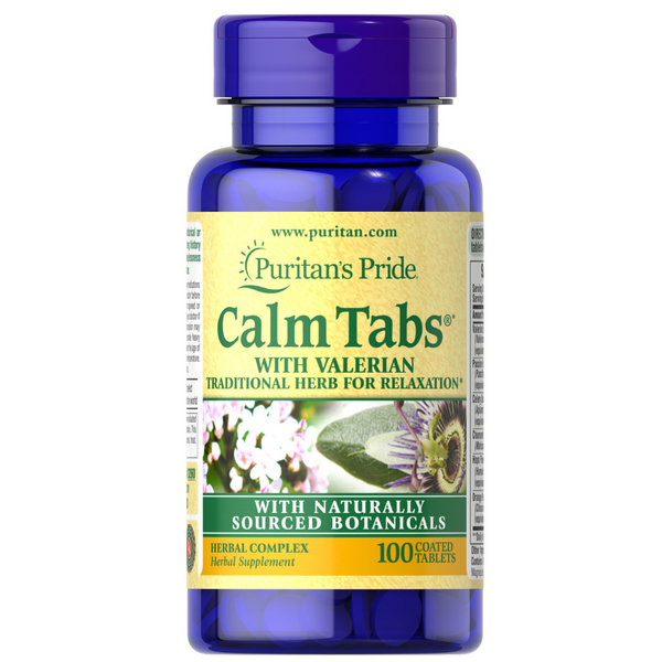 تركيبة الاسترخاء مضادة التوتر تعادل 320 ملغم - خلاصات ناردين, زهرة العاطفة, البابونج, الجنجل, قشر البرتقال, بذور الكرفس 100 قرص Puritan's Pride Calm Tabs® with Valerian, Passion Flower, Hops, Chamomile, Celery Seed, Orange Peel (Best Before 01-06-2026)