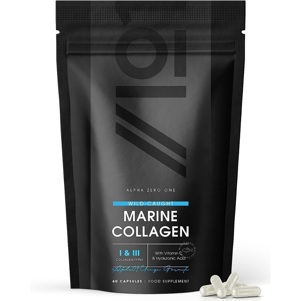 كولاجين بحري النوع الاول والثالث 500 ملجم مع فيتامين سي وهيالورونيك اسيد مع عناصر تعزيز النتيجة 60 كبسولة ALPHA01 Marine Collagen High Strength