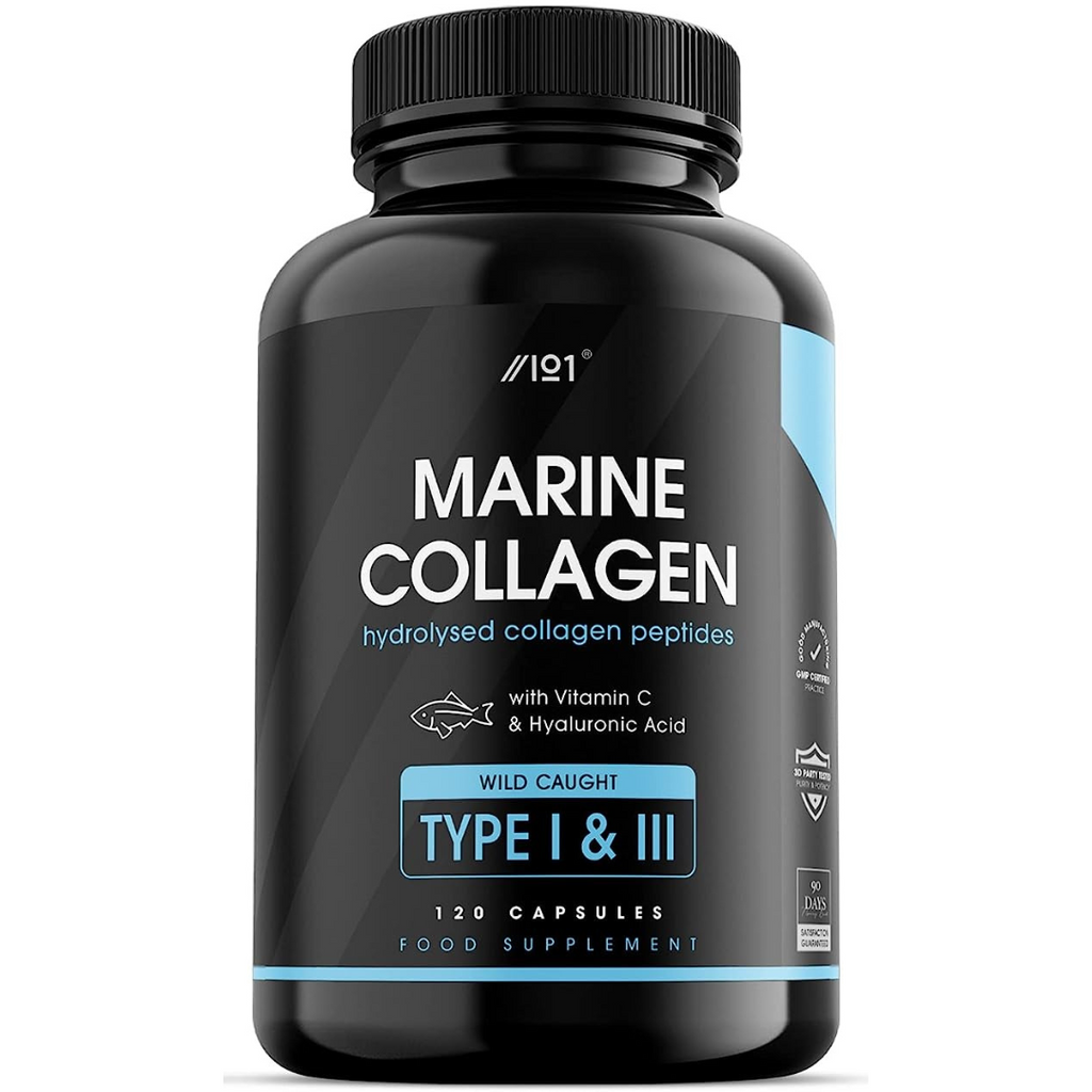 كولاجين بحري النوع الاول والثالث 500 ملجم مع فيتامينات سي و هيالورونيك اسيد 120 كبسولة ALPHA01 Marine Collagen High StrengthALPHA01 Marine Collagen High Strength