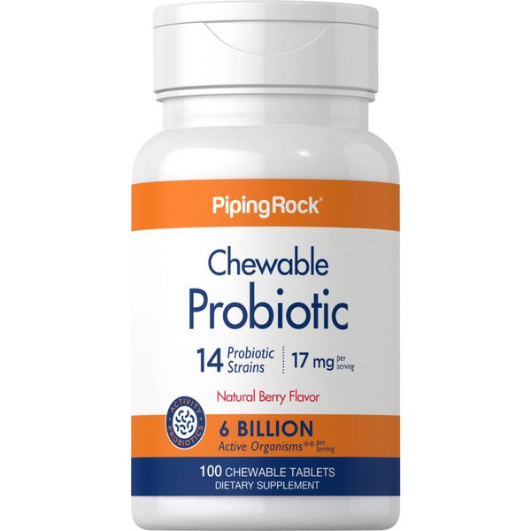 بروبيوتك (بكتيريا نافعة) 6 مليار 14 سلالة 100 حبة قابلة للمضغ Pipingrock Chewable Probiotic 14 Strains 6 Billion Organisms (Natural Berry) (Best Before 01-09-2024)