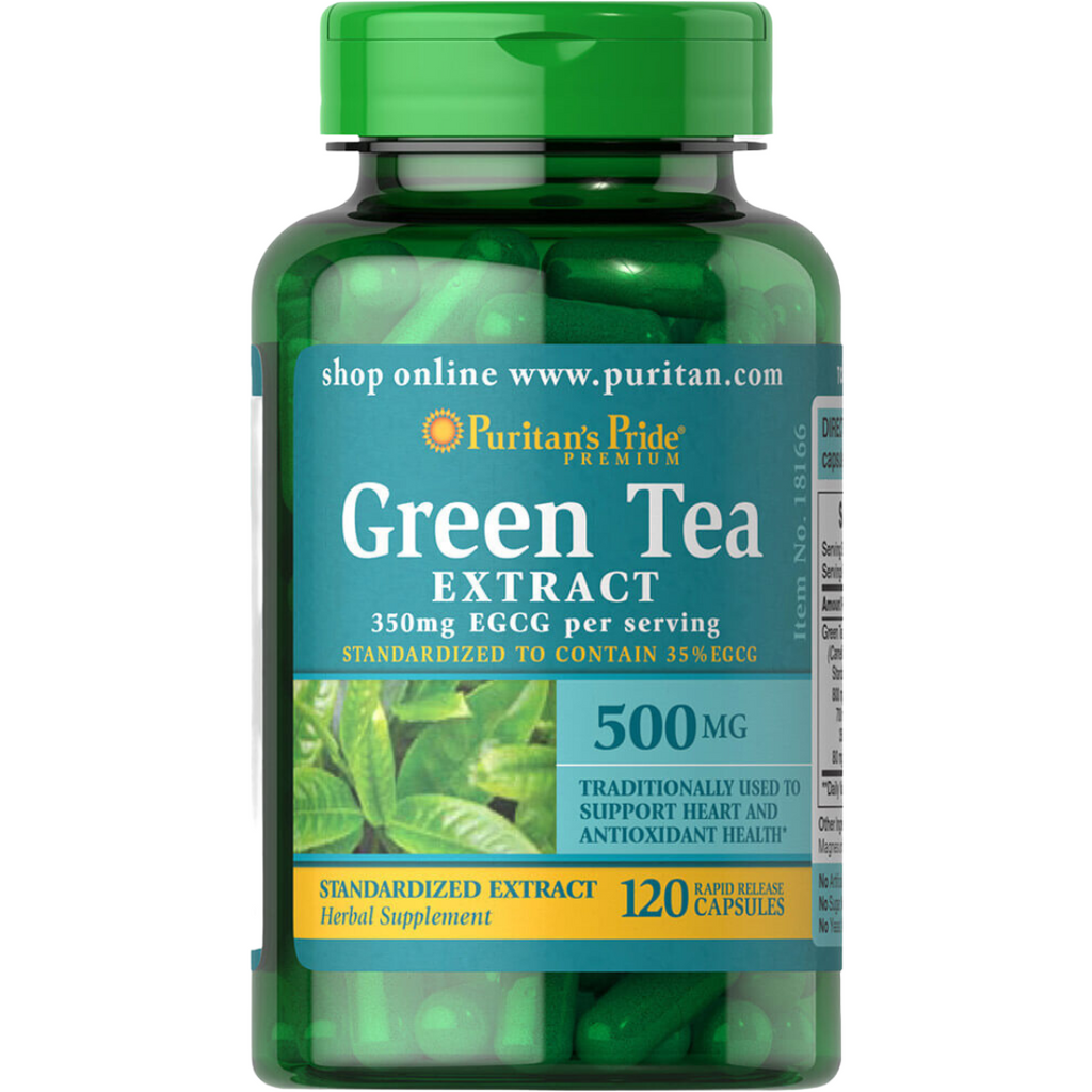 مستخلص الشاي الأخضر الأفضل 500 ملجم 120 كبسولة Puritan's Pride Green Tea Standardized Extract, Polyphenols 400mg, Catechins 300mg, EGCG 175mg, Caffeine40 mg (Best Before 01-08-2025)