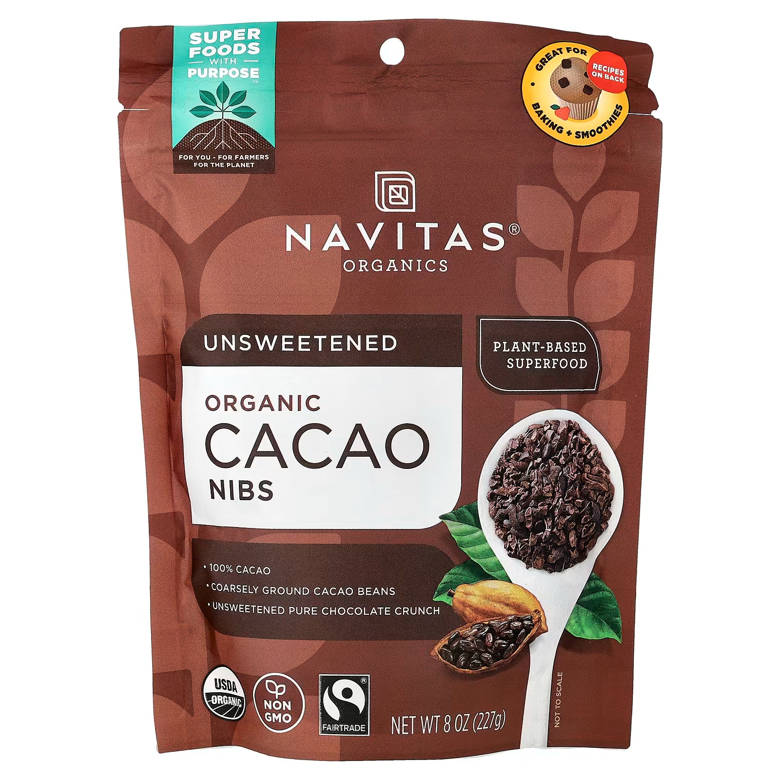 حبوب الكاكاو العضوية 227 غرام Navitas Organics, Organic Cacao Nibs, Unsweetened (Best Before 30-11-2026)