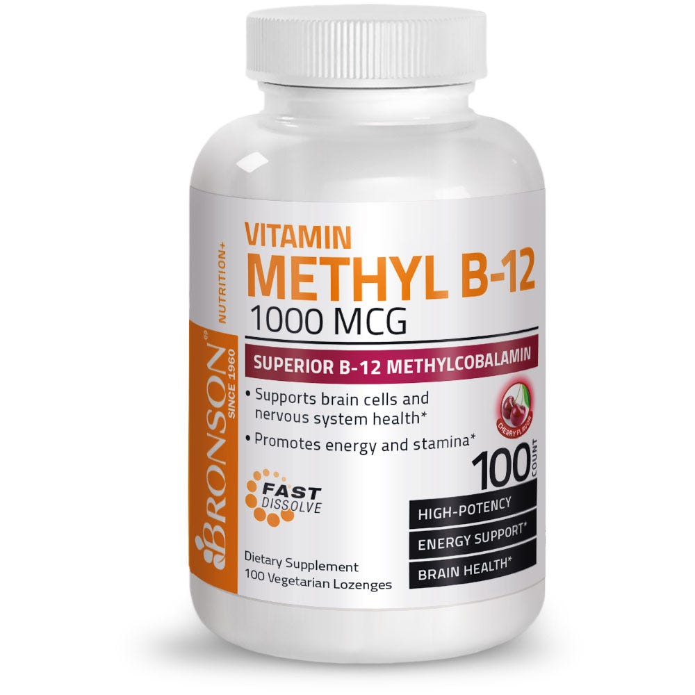 فيتامين ب12 طبيعي مثيل سريع المفعول 1000 ملجم نكهة الكرز 100 قرص تحت اللسان Bronson Vitamin B12 Methylcobalamin Lozenges (Best Before 01-03-2027)