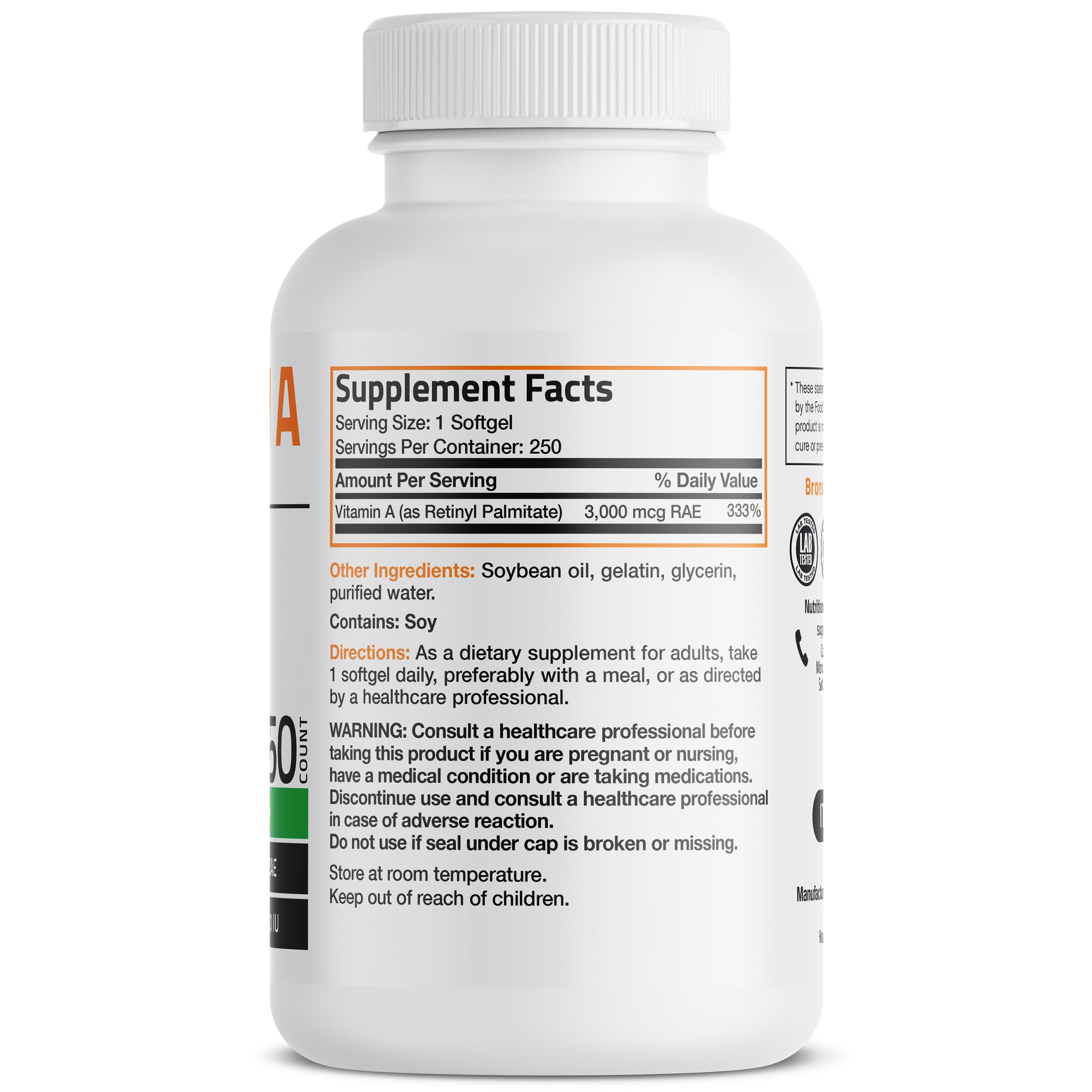 فيتامين أ ريتنول 10,000 وحدة 250 حبة Bronson Vitamin A Retinyl Palmitate Non-GMO (Best Before 01-12-2027)