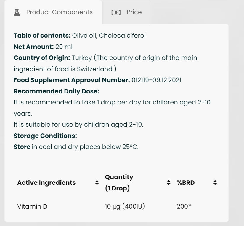 فيتامين د3 سائل للاطفال 400 وحدة بزيت الزيتون 20 مل يحتوي على 500 قطرة (منتج تركي) VeNatura Kids Vitamin d3 (Best Before 01-01-2029)