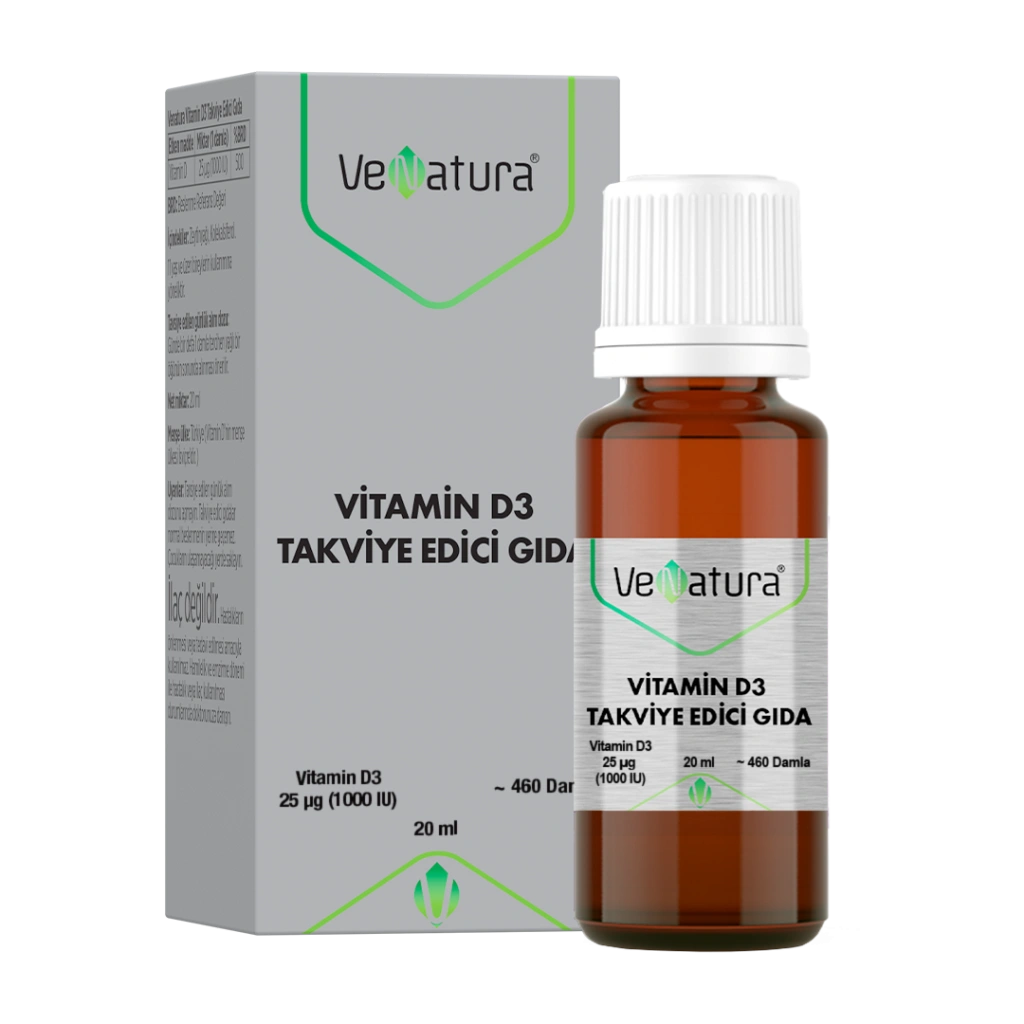 فيتامين د3 1000 وحدة لكل نقطة سائل بزيت الزيتون 20 مل يحتوي 460 قطرة (منتج تركي) VeNatura Vitamin D3 Liquid Drops (Best Before 01-01-2029)