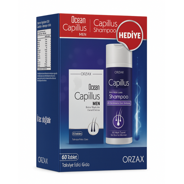 تركيبة نمو الشعر وتقويته للرجال 60 قرص + شامبو للتساقط 200 مل (منتج تركي) Orzax Ocean CAPILLUS + Anti Hair Loss Shampoo (Best Before 01-06-2027)