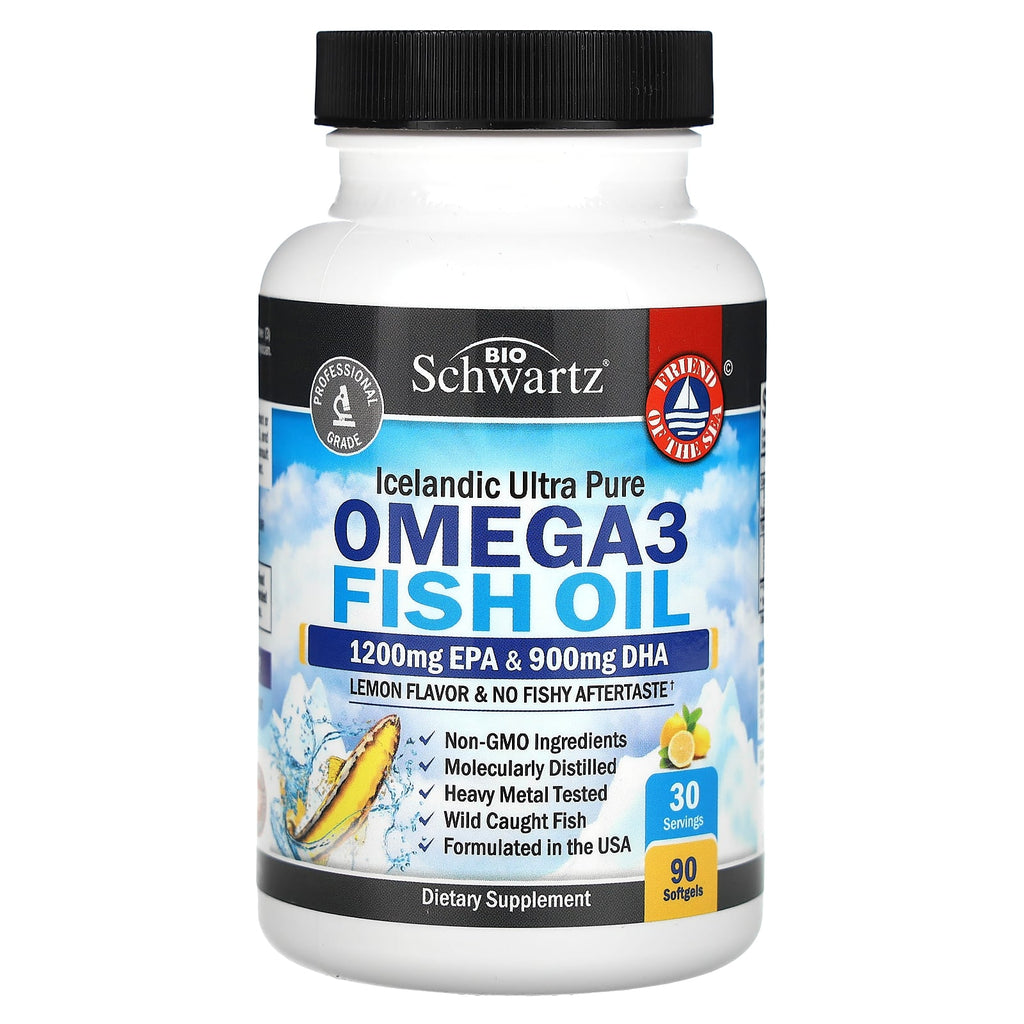 زيت سمك أوميجا 3 1000 ملغم درجة دوائية نكهة الليمون 90 حبة BioSchwartz Omega 3 Fish Oil Lemon EPA 400 & DHA 200 (Best Before 01-04-2026)