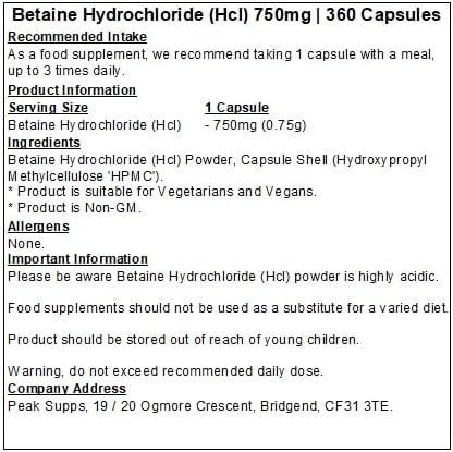 دعم حمض المعدة 750 ملغم 360 كبسولة Peak Supps Betaine Hydrochloride (HCL) (Best Before 31-07-2027)