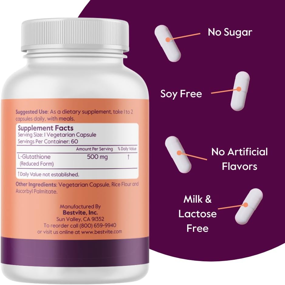 ل جلوتاثيون (ريديوسد) 500 ملجم 60 كبسولة Bestvite L-Glutathione Non-GMO (Best Before 01-02-2028)