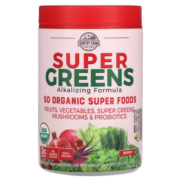 الخضروات الفائقة 50 نوع سوبر فود 300 جم Country Farms Super Greens Alkalizing Formula Berry (Best Before 01-03-2026)