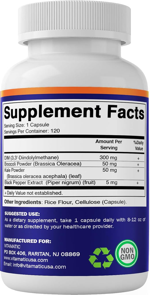 Vitamatic DIM Complex with Black Pepper, Broccoli Powder & Kale Powder 300mg 120 Capsules (Best Before 01-10-2026) Vitamatic DIM Complex with Black Pepper, Broccoli Powder & Kale Powder 300mg 120 Capsules (Best Before 01-10-2026)