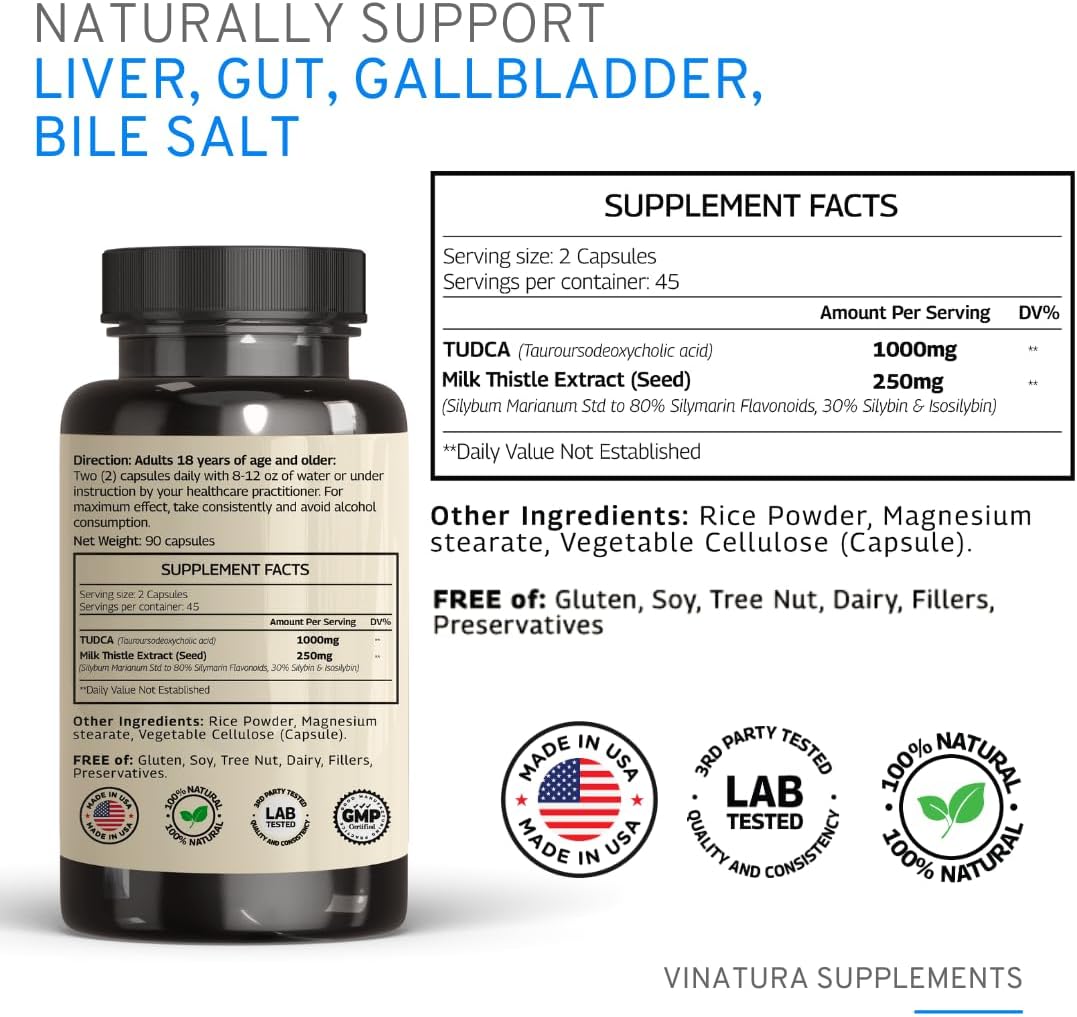 تودكا الأفضل 500 ملجم وحليب الشوك 125 ملجم 80% سيليمارين (مع شهادة فحص طرف ثالث) 90 كبسولة VINATURA TUDCA With Milk Thistle 80% Silymarin (Best Before 01-09-2027)