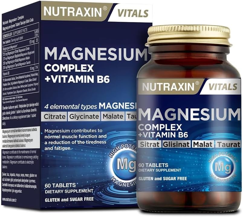 مغنيسيوم كومبلكس 125 ملغم جلايسينيت + ماليت + توريت + سيتريت 60 قرص (منتج تركي) Nutraxin Magnesium Complex High-Absorption with Vitamin B6 Non-GMO (Best Before 01-11-2028)