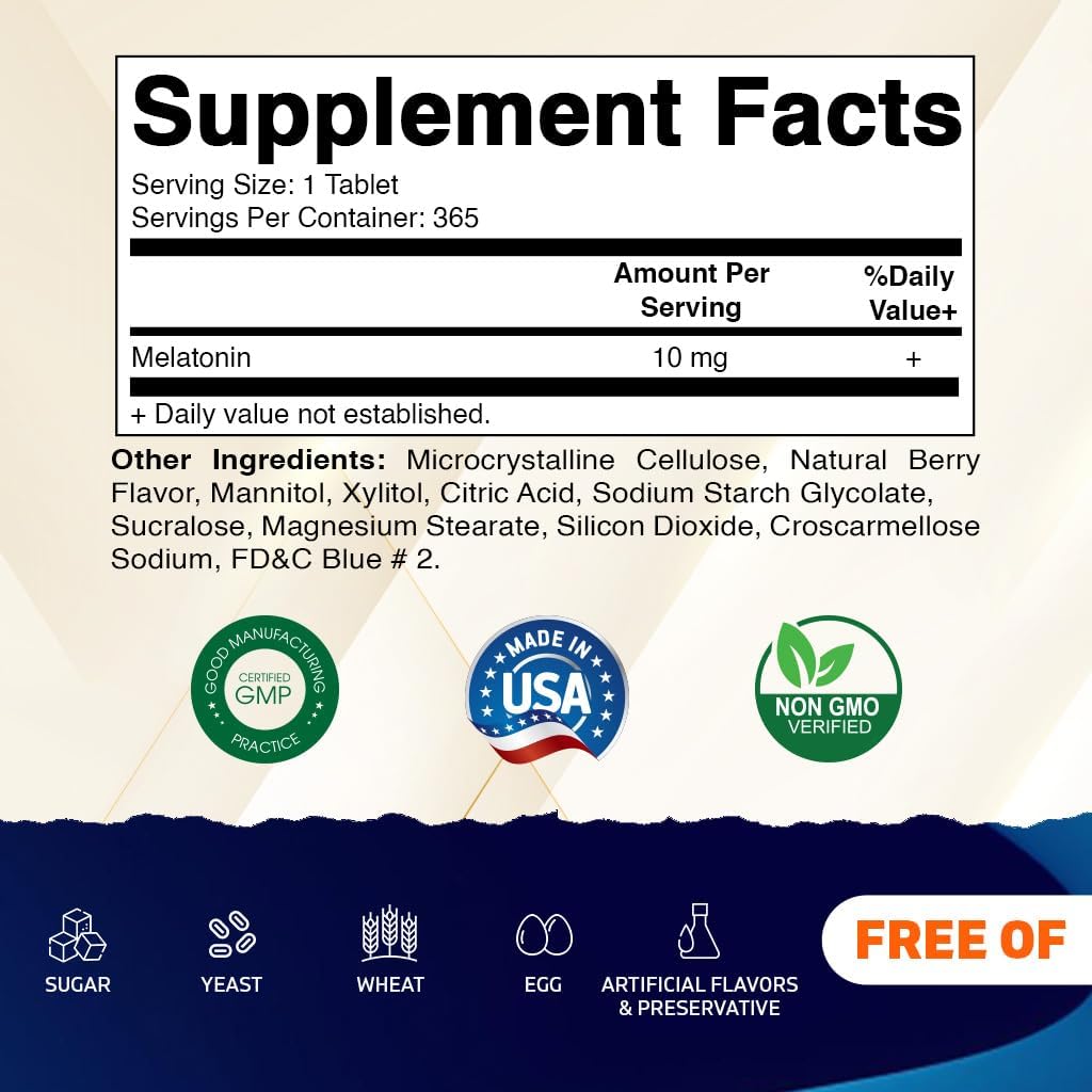 ميلاتونين 10 ملجم 365 قرص تحت اللسان Vitamatic Melatonin Non-GMO (Best Before 01-06-2028)