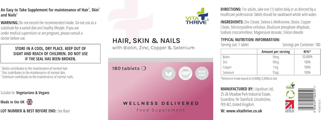 تركيبة العناية بالشعر، والبشرة، والأظافر، بيوتين 10،000 مكجم 180 قرص VitaThrive® Hair, Skin & Nails (Best Before 01-07-2026) تركيبة العناية بالشعر، والبشرة، والأظافر، بيوتين 10،000 مكجم 180 قرص VitaThrive® Hair, Skin & Nails (Best Before 01-07-2026)
