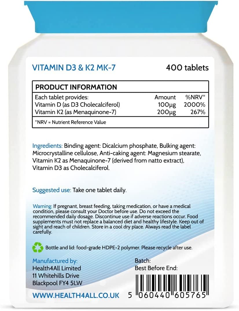 فيتامين د3 4000 وحدة مع ك2 200 مكجم 400 قرص Health4All Vitamin D3 & Vitamin K2 (Natural MK-7) (Best Before 01-11-2027)