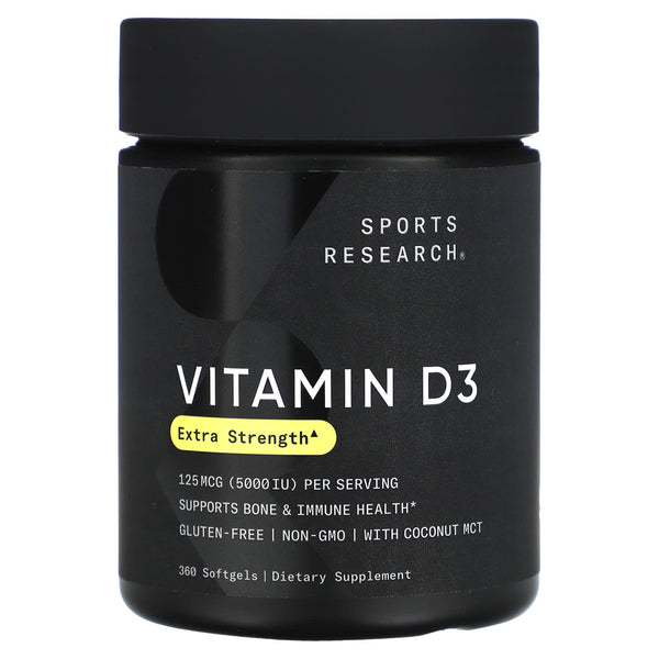 فيتامين د3 5000 وحدة بزيت جوز الهند 360 حبة Sports Research, Vitamin D3 With Coconut MCT Oil NON-GMO (Best Before 01-01-2026)