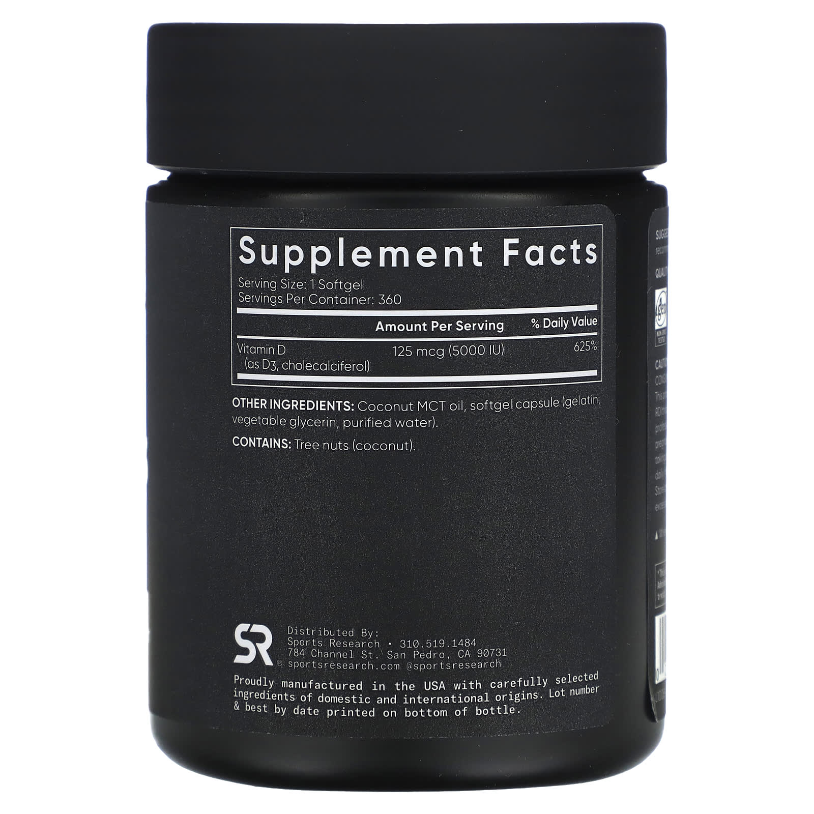 فيتامين د3 5000 وحدة بزيت جوز الهند 360 حبة Sports Research, Vitamin D3 With Coconut MCT Oil NON-GMO (Best Before 01-02-2027)