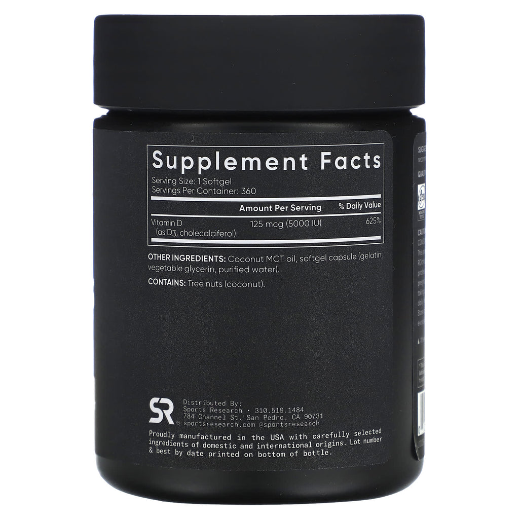 فيتامين د3 5000 وحدة بزيت جوز الهند 360 حبة Sports Research, Vitamin D3 With Coconut MCT Oil NON-GMO (Best Before 01-01-2026)