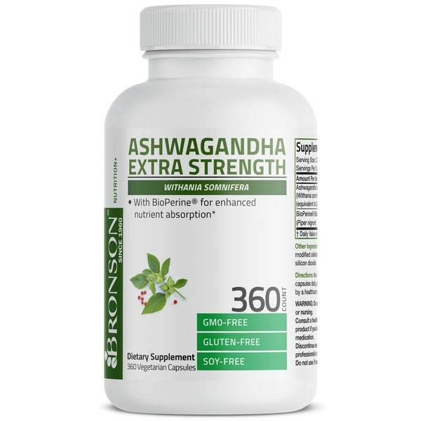 خلاصة اشواغاندا تعادل 1500 ملجم مع زيادة الامتصاص 360 كبسولة Bronson Ashwagandha Extra Strength with BioPerine Non-GMO (Best Before 01-07-2026)