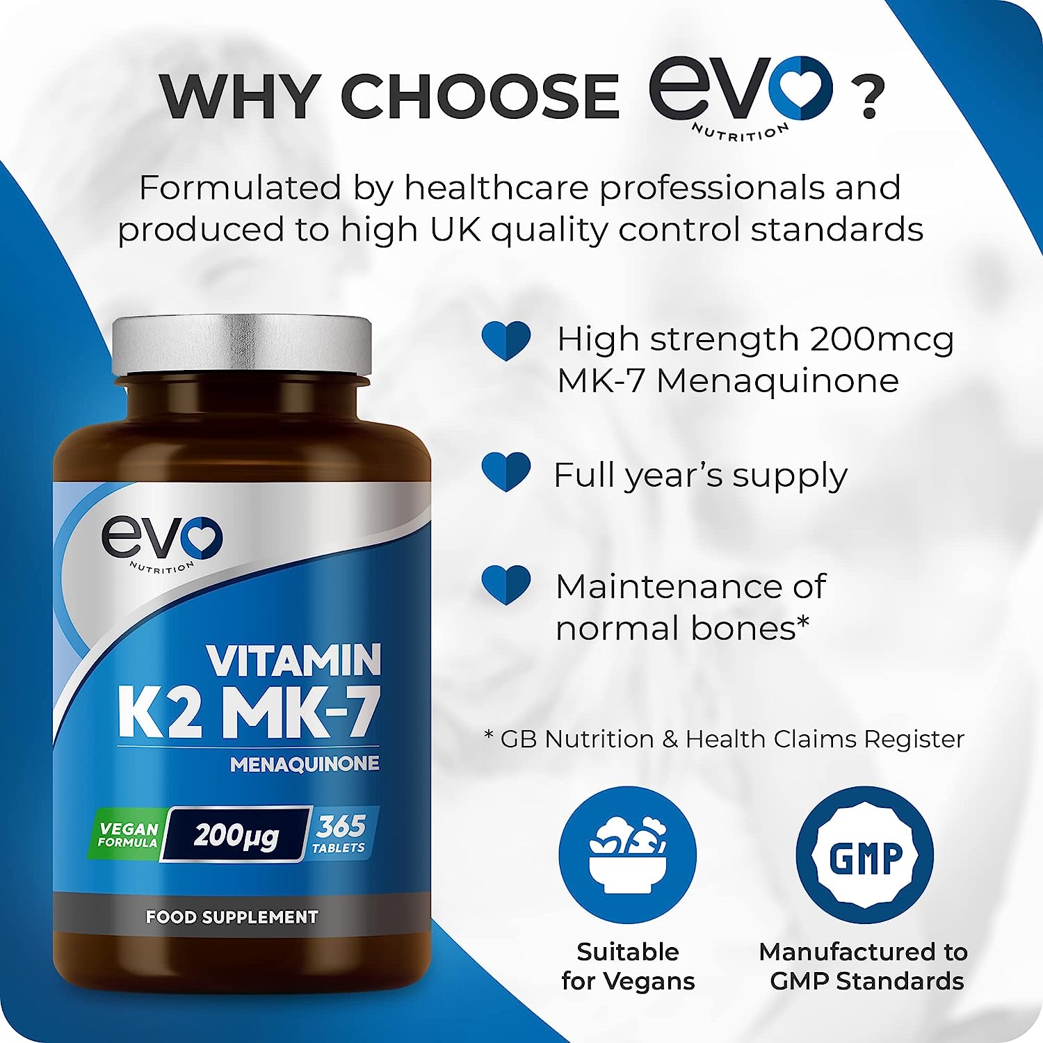 فيتامين ك2 عيار مضاعف 200 مكجم 365 قرص EVO NUTRITION Vitamin K2 MK7 (N