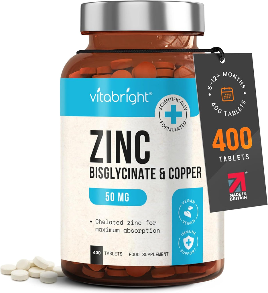 زنك باي جلايسينيت 25 ملجم مع نحاس عالي الامتصاص 400 قرص (منتج اوروبي) VitaBright Zinc Bisglycinate with Copper High Absorption (Best Before 01-06-2027)