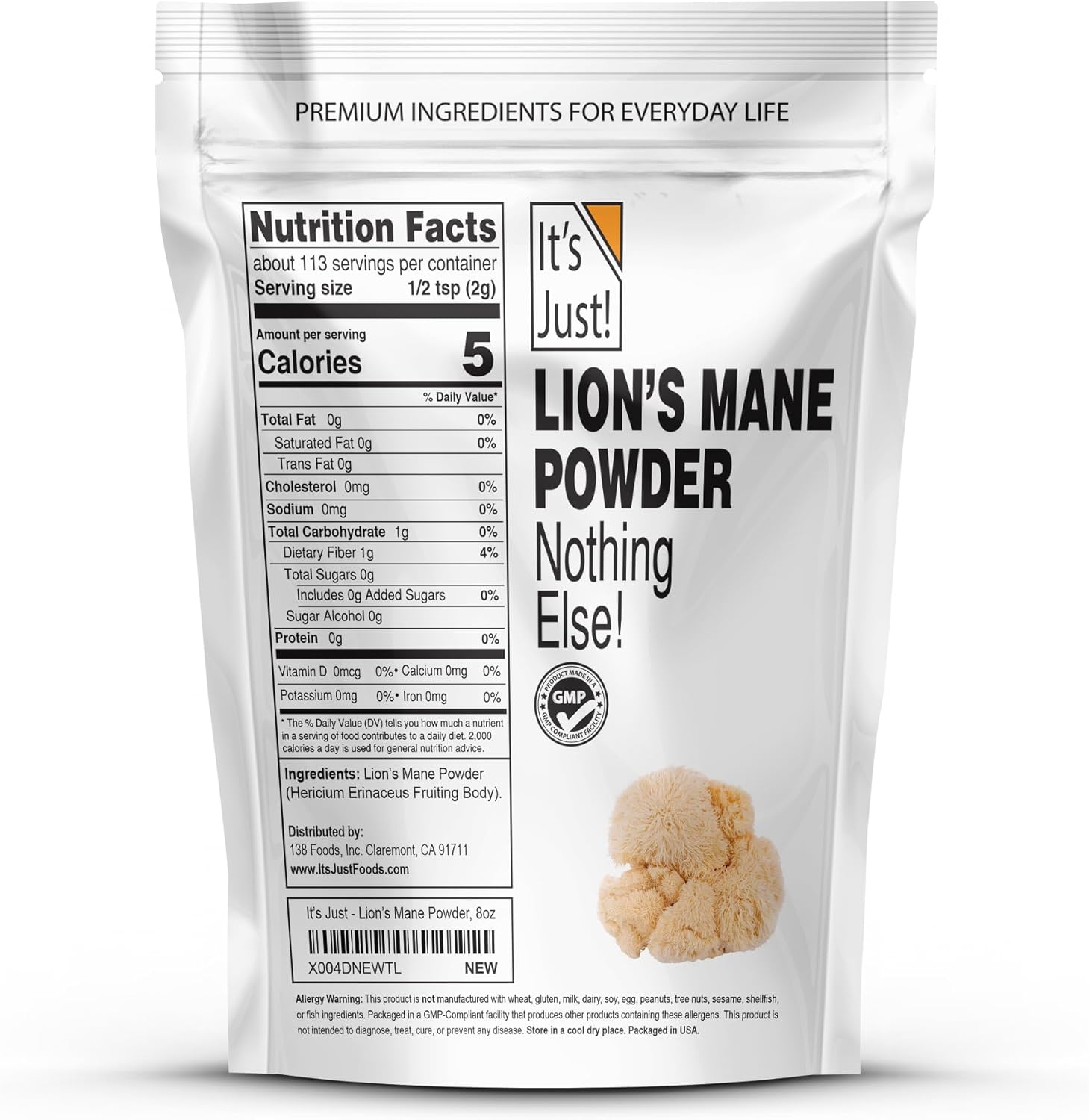 فطر عرف الأسد بودرة 227 جرام It's Just! Lion's Mane Mushroom Powder (Best Before 01-09-2027)