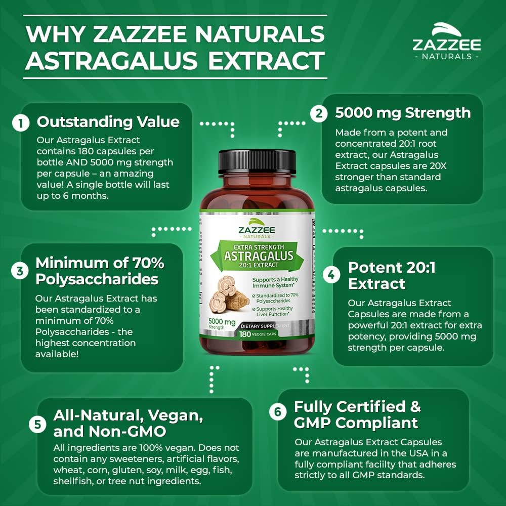خلاصة جذور استراجالوس تعادل 5000 ملجم 180 كبسولة Zazzee Extra Strength Astragalus Root 20:1 Extract 70% Polysaccharides (Best Before 01-05-2026) خلاصة جذور استراجالوس تعادل 5000 ملجم 180 كبسولة Zazzee Extra Strength Astragalus Root 20:1 Extract 70% Polysaccharides (Best Before 01-05-2026)
