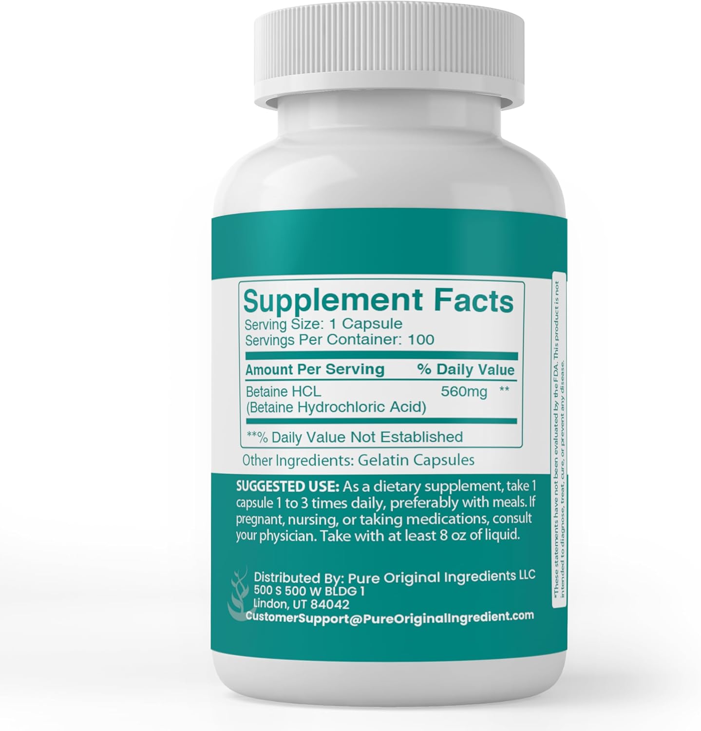دعم حمض المعدة 560 ملجم 100 كبسولة PURE ORIGINAL INGREDIENTS Betaine HCL (Best Before 01-01-2028)