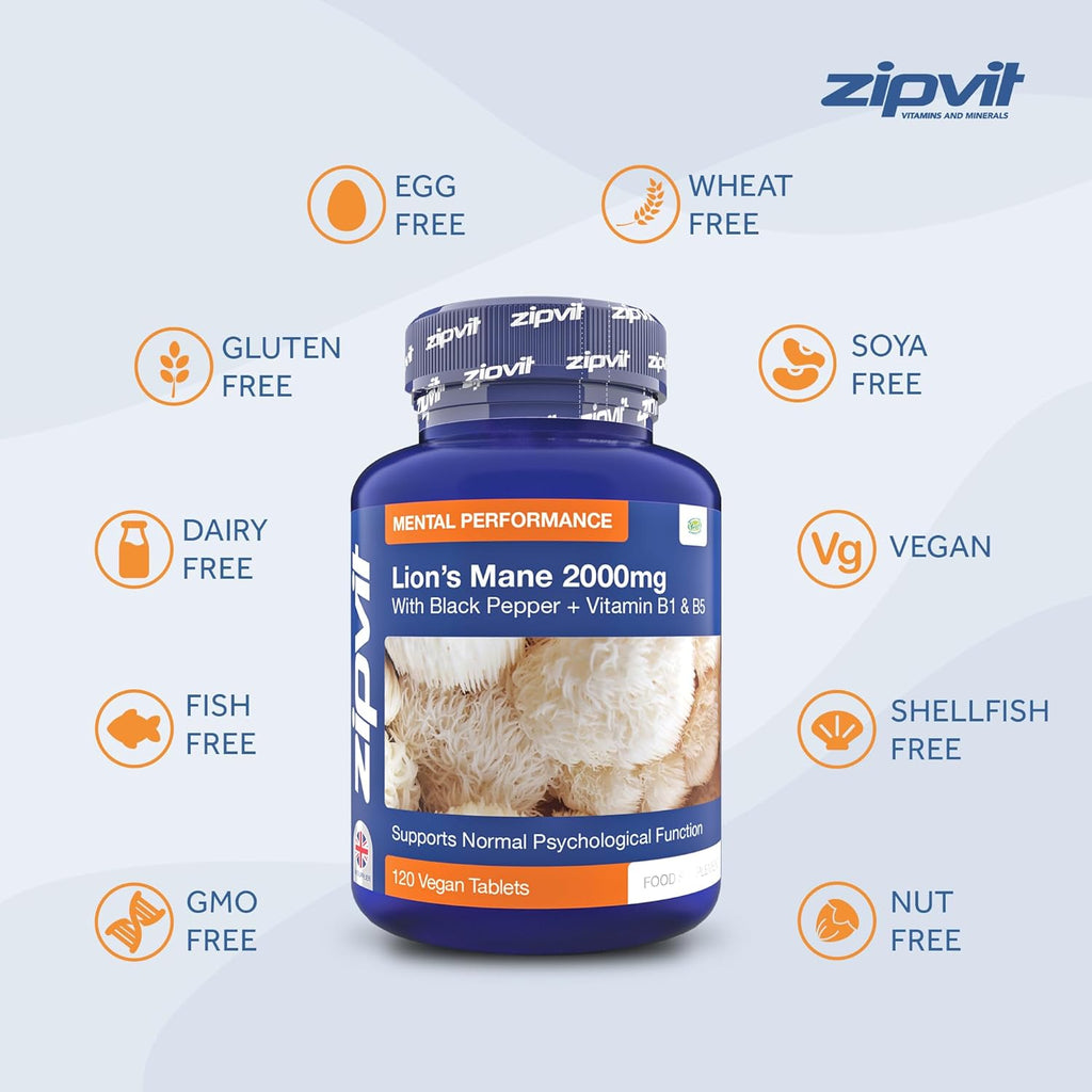 خلاصة فطر عرف الأسد 15:1 تعادل 2000 ملغم مع فيتامينات و3 عناصر لزيادة الامتصاص 120 قرص Zipvit Lions Mane Mushroom Extract with Black Pepper and Vitamins B1 & B5 (Best Before 01-03-2027) خلاصة فطر عرف الأسد 15:1 تعادل 2000 ملغم مع فيتامينات و3 عناصر لزيادة الامتصاص 120 قرص Zipvit Lions Mane Mushroom Extract with Black Pepper and Vitamins B1 & B5 (Best Before 01-03-2027)